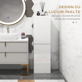 kleankin Dulap Înalt pentru Baie, Dulap cu Finisaj Lucios, Rafturi Reglabile, 2 Dulapuri, Organizator Baie, 35 x 25 x 120 cm, Alb Lăcuit | Aosom Romania