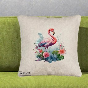 Perna Decorativa Flamingo cu Flori Tropicale Acuarela, 40x40 cm, Bej Canapea, Husa Detasabila, Perna Inclusa, BEKZ®