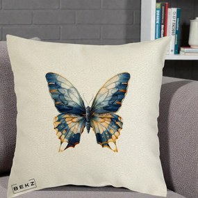 Perna Decorativa Fluture Albastru Auriu Elegant, 40x40 cm, Ecru, Husa Detasabila, Perna Inclusa, BEKZ®