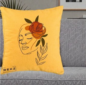 Perna Decorativa Portret Feminin Trandafir Ruginiu, 40x40 cm, Galben, Husa Detasabila, Perna Inclusa, BEKZ®