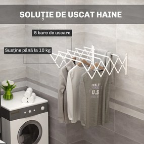 HOMCOM Uscător de Rufe Retractabil pentru Perete, Uscător Pliabil Economisitor de Spațiu din Metal pentru Interior și Exterior, 63,5x60x20 cm, Alb | Aosom Romania