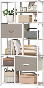 HOMCOM Etajeră de depozitare 6 niveluri, bibliotecă cu 2 sertare din țesătură, 9 rafturi deschise, 72,5 x 30 x 150 cm, alb | Aosom Romania