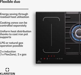 Klarstein MultiChef 5, plită cu inducție și gaz, 5 zone de gătit, 3 arzătoare cu gaz, 2 plite cu inducție, FlexZone