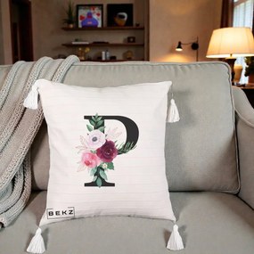 Cadou Personalizat - Perna Personalizata Monograma Florala Litera P, 40x40 cm, Bej cu Franjuri, Husa Detasabila, Perna Inclusa, BEKZ®