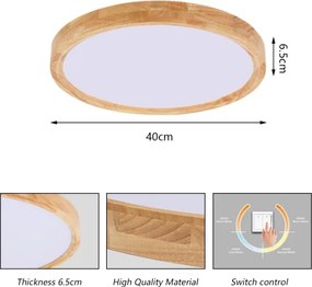 Brilagi - Plafonieră LED WOODROUND, 30W, 230V, 3000/4000/6000K, Ø 40 cm