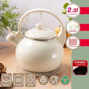 Ceainic cu fluier Kinghoff KH 2040, 2 l, interior emailat, compatibil cu plitele cu inducție, culoare crem