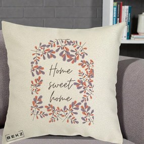 Perna Decorativa Home Sweet Home Frunze Colorate, 40x40 cm, Ecru, Husa Detasabila, Perna Inclusa, BEKZ®