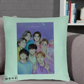 Perna Personalizata K-pop BTS Our Universe Fanart Violet Pastel, 40x40 cm, Verde Menta, Husa Detasabila, Perna Inclusa, BEKZ®