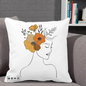 Perna Decorativa Portret Feminin Flori Galbene-Portocalii, 40x40 cm, Alba Mata, Husa Detasabila, Perna Inclusa, BEKZ®