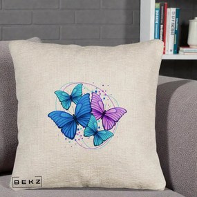 Perna Decorativa Patru Fluturi Turcoaz-Violet, 40x40 cm, Bej Canapea, Husa Detasabila, Perna Inclusa, BEKZ®