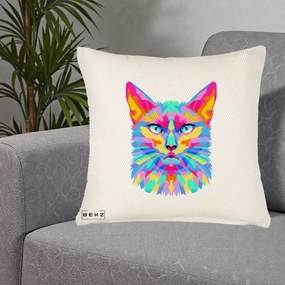 Perna Decorativa Pisica Pop Art Multicolor, 40x40 cm, Crem Reliefat, Husa Detasabila, Perna Inclusa, BEKZ®