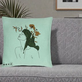 Perna Decorativa Portret Feminin Profil Flori Portocalii, 40x40 cm, Verde Menta, Husa Detasabila, Perna Inclusa, BEKZ®