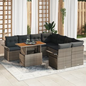 vidaXL Set de canapea de grădină cu 9 piese și perne gri din rattan poliesteric și acacia
