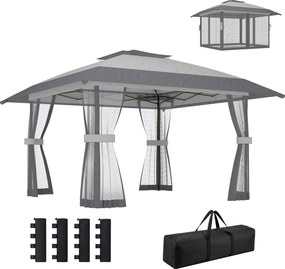 Outsunny Pavilion 4x4m Impermeabil Reglabil pe înălțime Pop-up Pavilion pliant cu dublu acoperiș 4 laterale din plasă, UV 30+Gri deschis | Aosom Romania