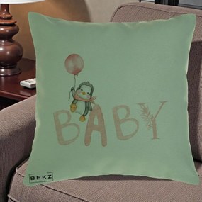 Perna Personalizata Baby Pinguin Roz, 40x40 cm, Verde, Husa Detasabila, Perna Inclusa, BEKZ®