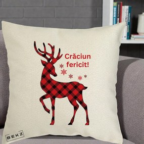 Perna Decorativa Ren Tartan Craciun Fericit, 40x40 cm, Ecru, Husa Detasabila, Perna Inclusa, BEKZ®
