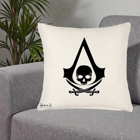 Perna Personalizata Assassin's Creed Black Flag Skull, 40x40 cm, Crem Reliefat, Husa Detasabila, Perna Inclusa, BEKZ®