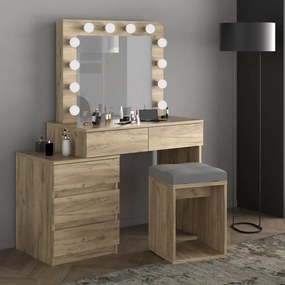 Masuta machiaj cu Oglinda LED si 5 Sertare pentru Cosmetice, Set Masa toaleta 112 cm, Stejar, masuta cosmetica, vanity - SEM510