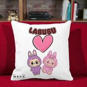 Perna Personalizata Labubu Cuplu Inima, 40x40 cm, Alba Mata, Husa Detasabila, Perna Inclusa, BEKZ®