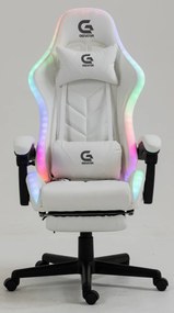 RESIGILAT-Scaun gaming, boxe bluetooth, sistem iluminare bandă LED RGB, masaj în perna lombară, suport picioare, Alb