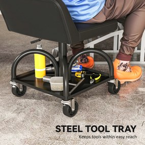 HOMCOM Scaun de atelier cu roți spațiu depozitare, 58,5 cm înălțime, scaun rulant până la 135 kg Negru | Aosom Romania
