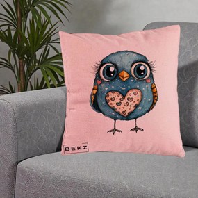Perna Decorativa Bufnita Albastra cu Inimioare, 40x40 cm, Roz, Husa Detasabila, Perna Inclusa, BEKZ®