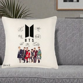 Perna Personalizata K-pop BTS Semnaturi Foto, 40x40 cm, Crem Reliefat, Husa Detasabila, Perna Inclusa, BEKZ®