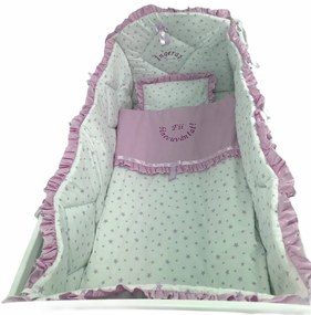 Lenjerie de pat bebelusi brodata Fii binecuvantat ingeras 120x60 cm stelute roz