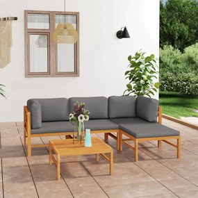 3087199 vidaXL Set mobilier grădină cu perne gri, 5 piese, lemn masiv de tec