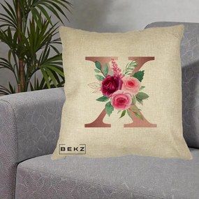 Cadou Personalizat - Perna Personalizata Monograma Rose Gold Litera X, 40x40 cm, Crem, Husa Detasabila, Perna Inclusa, BEKZ®