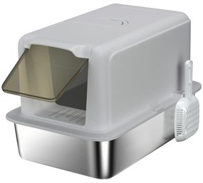 PawHut Litieră pentru pisici, Vas din Oțel Inoxidabil, Filtru, Lopată, pentru pisici până la 6 kg, 40,5 x 60,5 x 41,5 cm, Gri/Argintiu | Aosom Romania