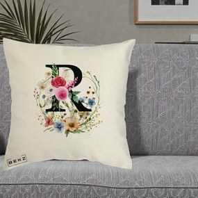 Cadou Personalizat - Perna Personalizata Monogram Litera R cu Flori Acuarela, 40x40 cm, Ecru, Husa Detasabila, Perna Inclusa, BEKZ®
