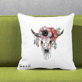 Perna Decorativa Craniu Boho Floral, 40x40 cm, Alba Mata, Husa Detasabila, Perna Inclusa, BEKZ®