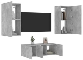 3216821 vidaXL Unități TV de perete cu LED-uri 4 piese gri beton lemn compozit