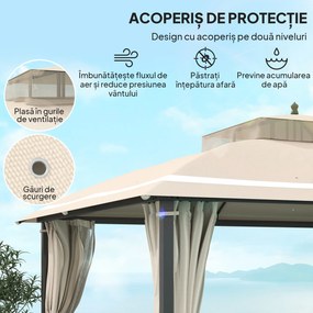 Outsunny Pavilion pentru Exterior cu Baldachin, Acoperiș Dublu, Plasă și Draperii, 370x303x290 cm, Bej | Aosom Romania