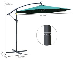 Umbrela pentru gradina Outsunny, brat cu manivela, 8 benzi LED, energie solara Φ295x245cm, Verde | Aosom Romania