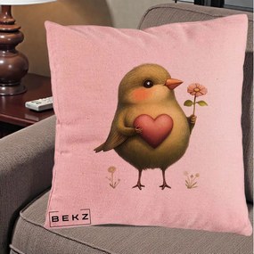 Perna Decorativa Pasare Verde cu Inima si Floare, 40x40 cm, Roz, Husa Detasabila, Perna Inclusa, BEKZ®