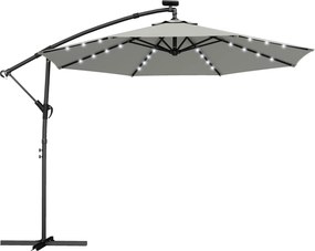 Outsunny Umbrelă cu braț lateral LED Solar aprox. Ø300 cm Rotativă Umbrelă de soare cu manivelă Suport Husă de protecție Gri deschis | Aosom Romania