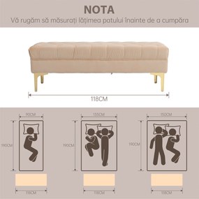 HOMCOM Bancă cu Husă Capitonată, Bancă Tapițată din Catifea cu Picioare Metalice, 118x45x42 cm, Bej | Aosom Romania