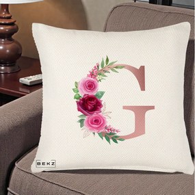 Cadou Personalizat - Perna Personalizata Monograma Rose Gold Litera G, 40x40 cm, Crem Reliefat, Husa Detasabila, Perna Inclusa, BEKZ®