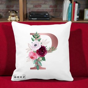 Cadou Personalizat - Perna Personalizata Monograma Rose Gold Litera P, 40x40 cm, Alba Mata, Husa Detasabila, Perna Inclusa, BEKZ®