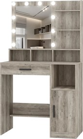 Masuta machiaj cu Oglinda LED si 1 Sertar pentru Cosmetice, Set Masa toaleta 80 cm, Alb / Negru / Gri, masuta cosmetica, vanity - SEG19