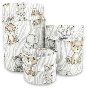 Cutie depozitare jucarii, MimiNu, Set 3 cosuri rotunde cu dimensiuni generoase pentru jucarii, Cu volanase, Dimensiuni 50x35 cm, 35x30 cm, 19x23 cm, Din bumbac certificat Oeko Tex Standard 100, Safari Natural