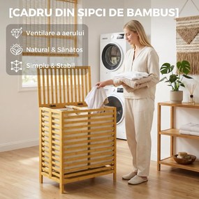 HOMCOM Coș de Rufe din Bambus 64L cu Capac, 2 Saci din Material Oxford Detașabili și Lavabili, Culoare Lemn | Aosom Romania