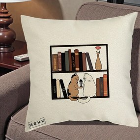 Perna Personalizata Pisici si Carti pe Raft, 40x40 cm, Ecru, Husa Detasabila, Perna Inclusa, BEKZ®