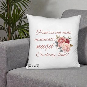 Cadou pentru Nasa - Perna Personalizata Pentru Cea mai Minunata Nasa Cu drag Finii, 40x40 cm, Alb Pufos, Husa Detasabila, Perna Inclusa, BEKZ®