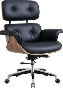 EXECUTIVE PRESTIGE – Scaun Directorial Ergonomic Premium, cu Piele PU, Furnir din Lemn Nuc, Bază din Aluminiu, Reglaj pe Înălțime și Funcție de Înclinare, Negru