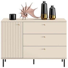 Comoda living  dormitor hol cu 3 sertare si 1 usa , casmir mdf casmir cu model , 120x85x40 cm, canturi abs, cu rafturi, picioare negre butoni auriu