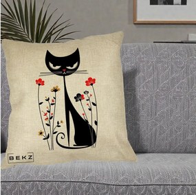 Perna Decorativa Pisica Neagra Grafica Flori Rosii, 40x40 cm, Crem, Husa Detasabila, Perna Inclusa, BEKZ®