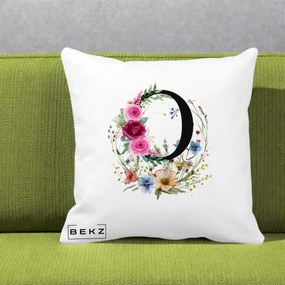 Cadou Personalizat - Perna Personalizata Monogram Litera O cu Flori Acuarela, 40x40 cm, Alba Mata, Husa Detasabila, Perna Inclusa, BEKZ®